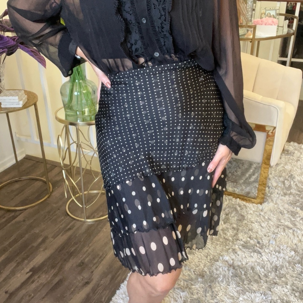 Tommy Hilfiger Mid Length Silk Black White Polka Dots Tier Ruffle Layer Skirt 16
